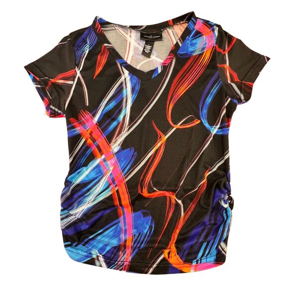 Jennifer Lauren Top Large Colorful Abstract Brushstroke Ruched Tee V Neck Shirt - Picture 1 of 9